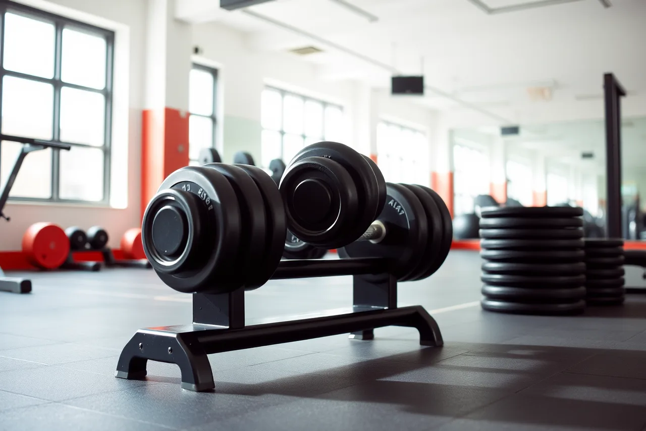 Adjustable dumbbells on a rack in a studio (What a new fitness studio owner needs to buy: the equipment list)