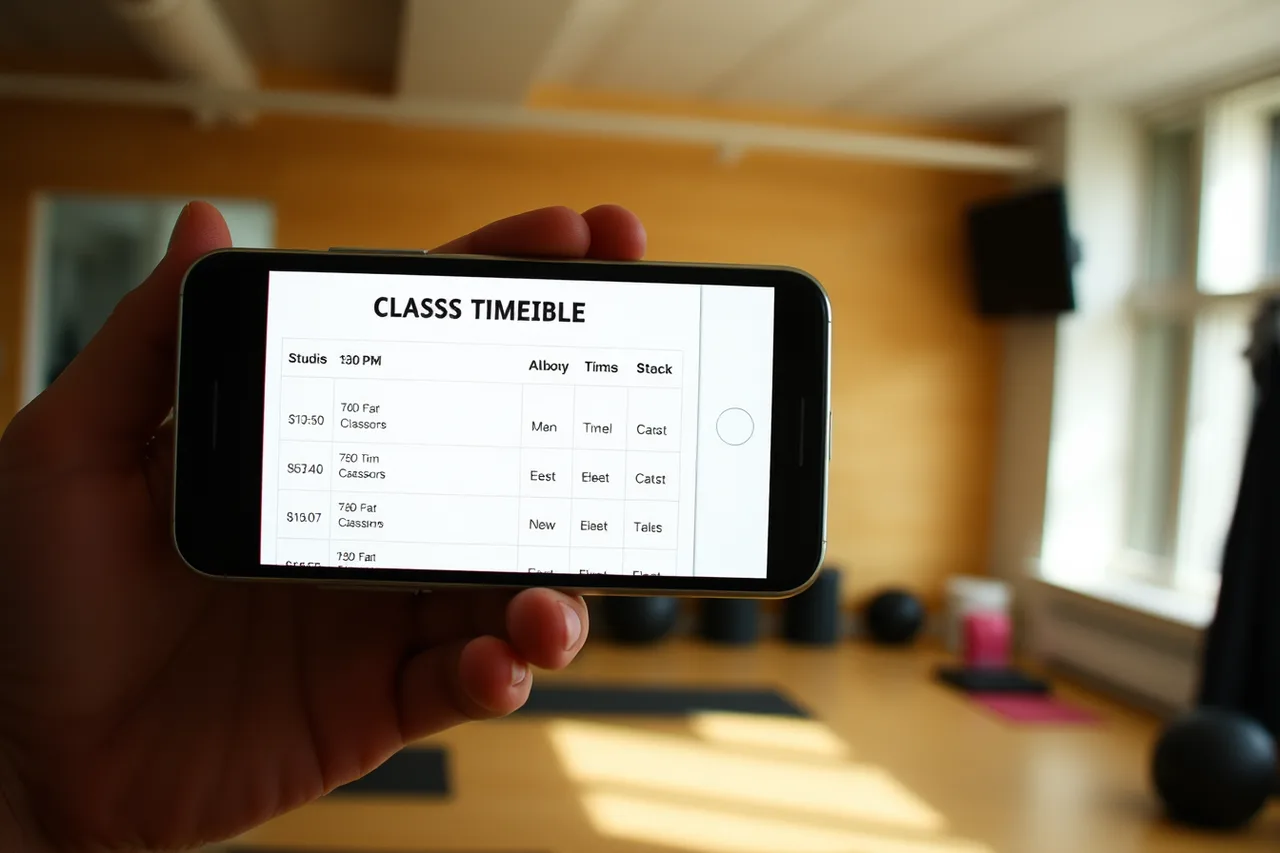 Phone showing a readable fitness studio class timetable page (Fitness studio marketing that actually grows the business)