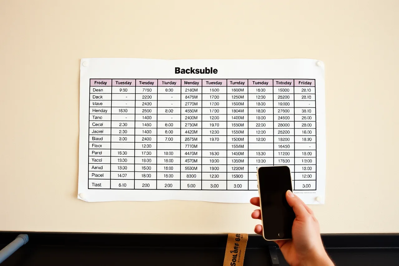 Printed weekly class timetable on a studio wall beside a phone (Getting a fitness studio owners found locally: SEO checklist)