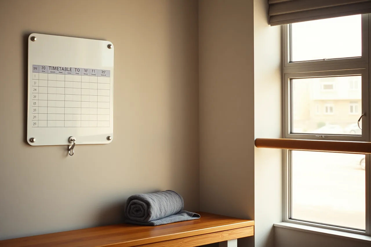 Printed studio timetable on a wall with class times and slots (Reliable staff for a fitness studio: where to look and how to choose)