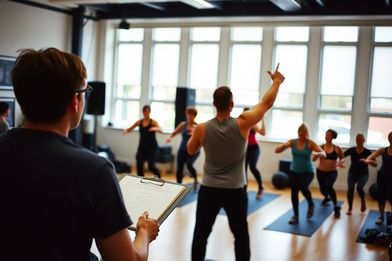 Instructor teaching a live class observed from the back of the room (Reliable staff for a fitness studio: where to look and how to choose)