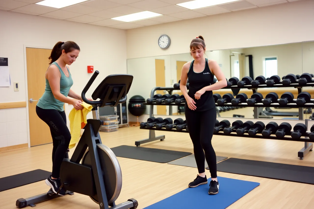 Staff wiping bikes and stacking dumbbells during a studio reset (How a fitness studio plans its jobs for a small operation)